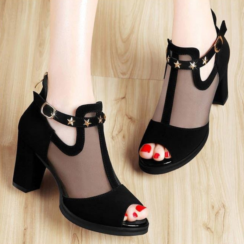 Mesh Peep Toe Block High Heels - Mesh Strap Metal 评论和价格